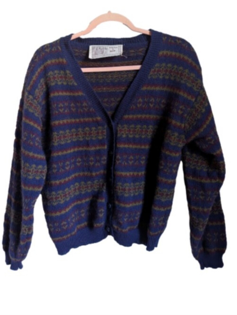VINTAGE Navy Multi-Striped Nordic Cabin Wool V Neck Knit Cardigan Size Medium